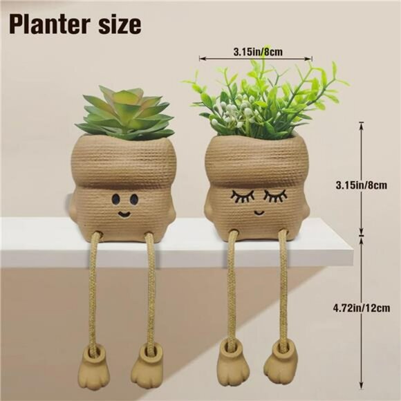 Set of 2 Smiley Face Succulent Planters with Artificial Plants Small Home Office - Picture 2 of 7